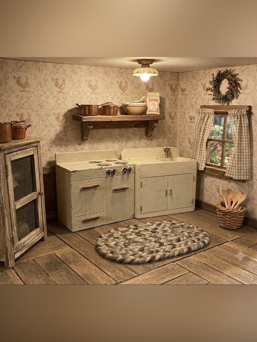 Vintage Miniature wooden Toy Kitchen Stove and Sink Set in Cream